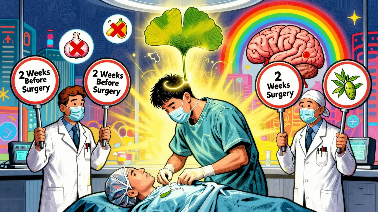 A person prepares for surgery as doctors hold stop signs for ginkgo, with other blood-thinning supplements marked by red X's.