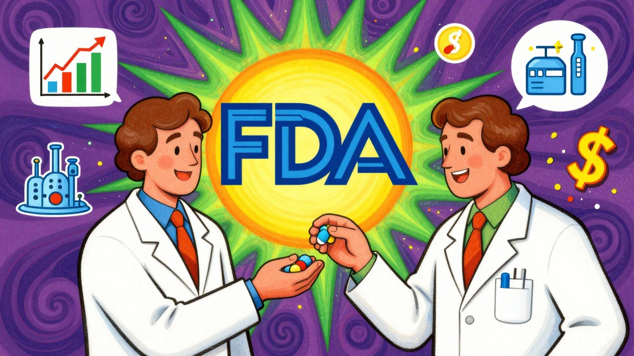 A pharmacist gives a colorful generic pill to a patient, with FDA badge and floating savings icons in vibrant psychedelic style.