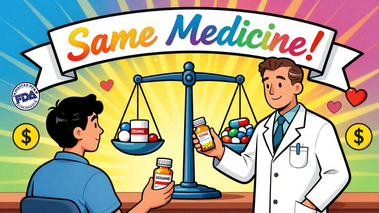A pharmacist giving a generic pill with a &#039;Same Medicine!&#039; banner, symbolizing restored trust through clear communication.