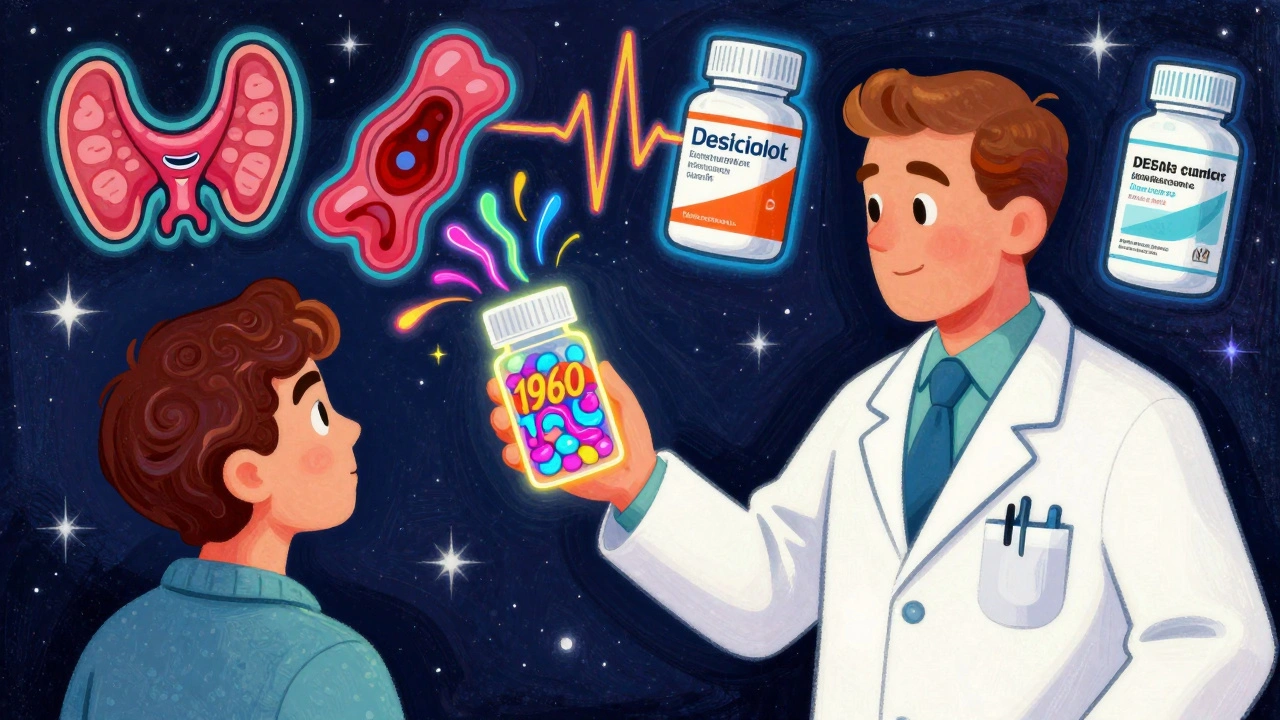 A pharmacist giving a glowing pill bottle to a patient, with floating medical icons shifting uneasily in vibrant style.