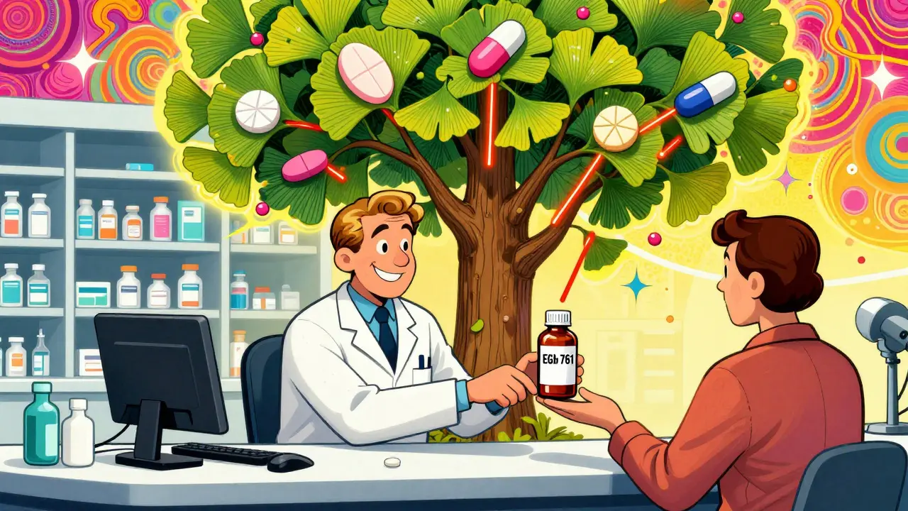 A pharmacist hands a standardized ginkgo supplement to a patient, with a tree growing from a medicine cabinet and warning lines connecting pills.