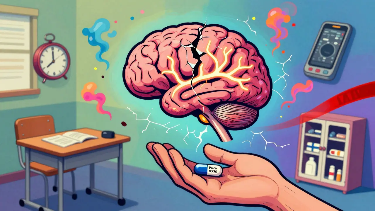 A pure DXM capsule beside a fractured brain and fading life symbols, showing long-term cognitive harm.