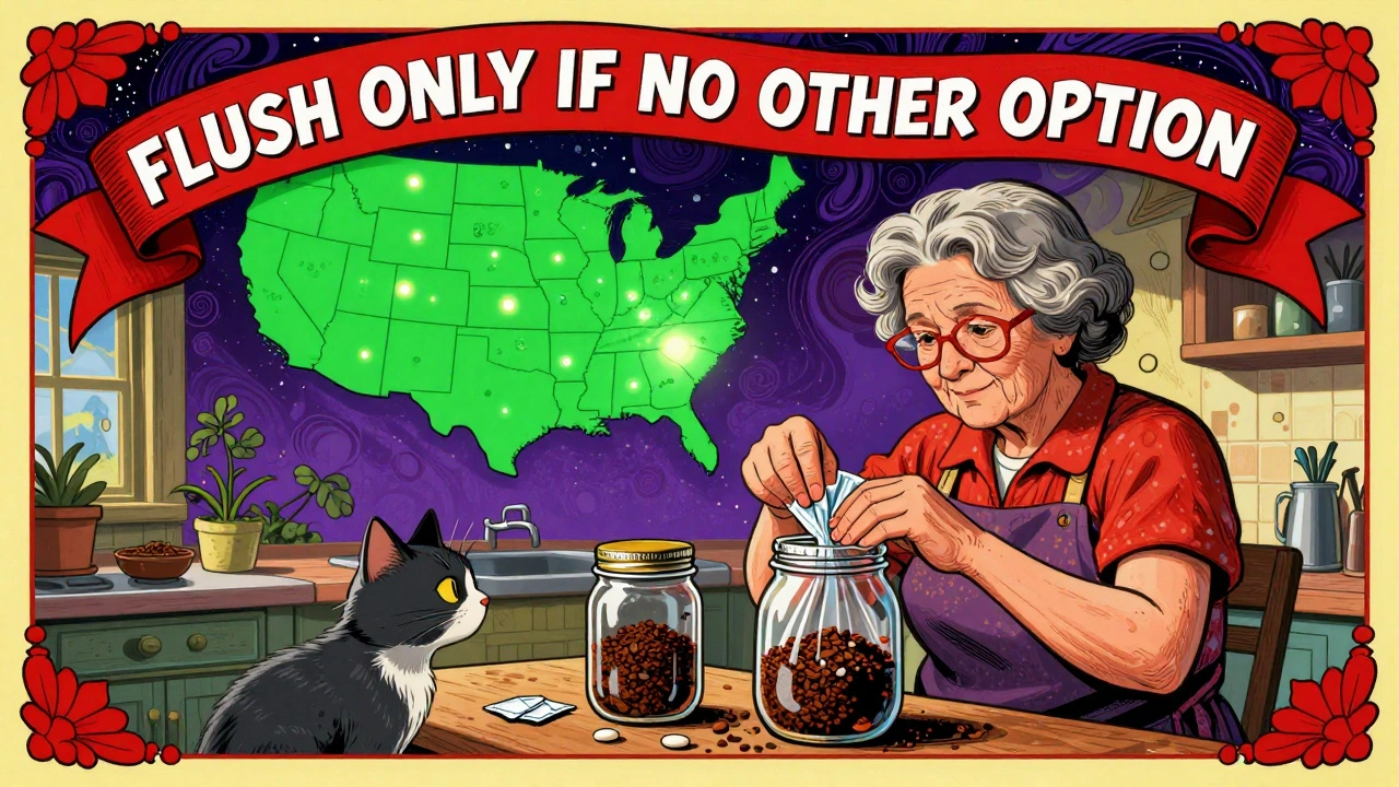 A woman mixing expired pills with coffee grounds at home, with a map of U.S. take-back locations floating behind her.