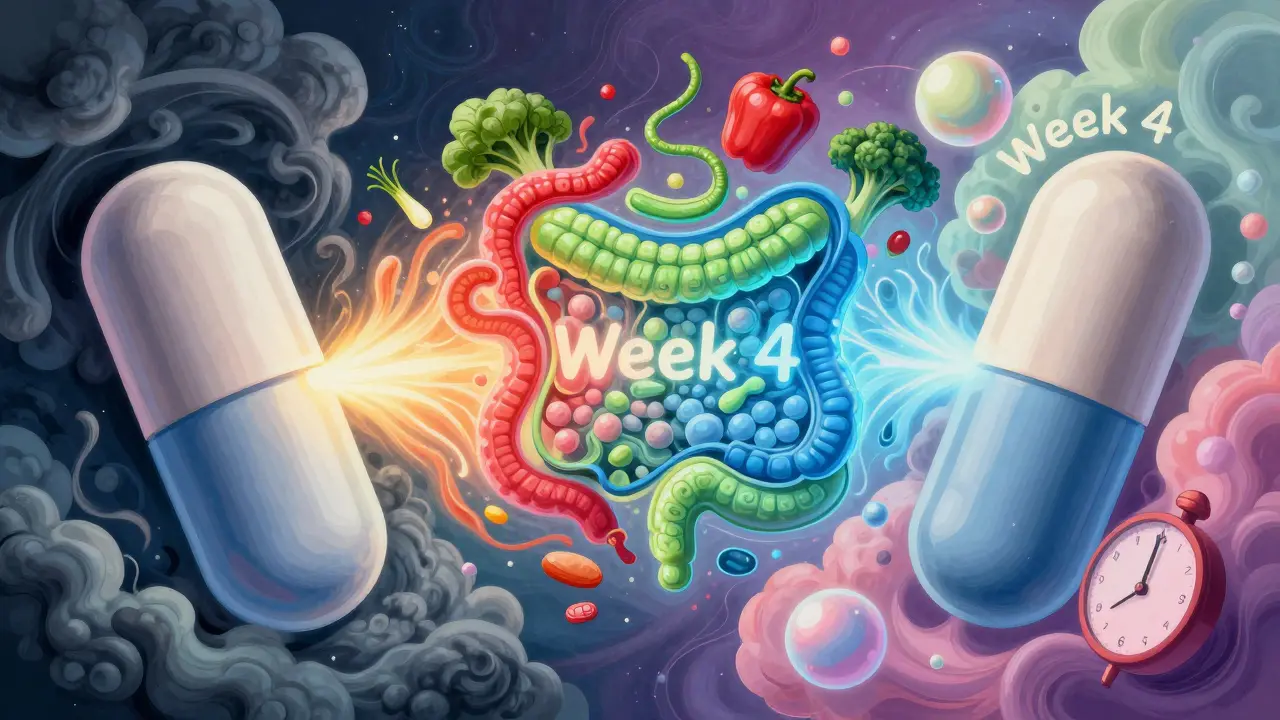 Acarbose and miglitol tablets compared with glowing gut microbiome and changing colors.