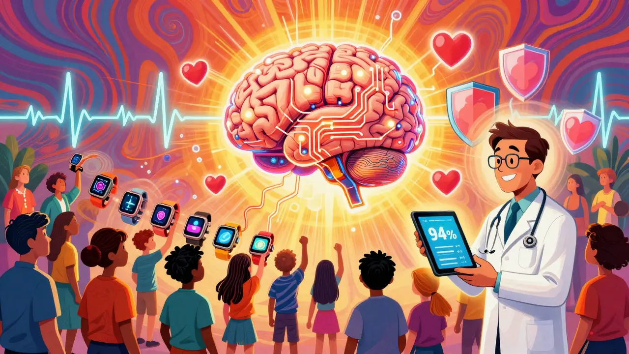 AI brain analyzing wearable ECG data with protective hearts and glowing alerts in vibrant cartoon style.