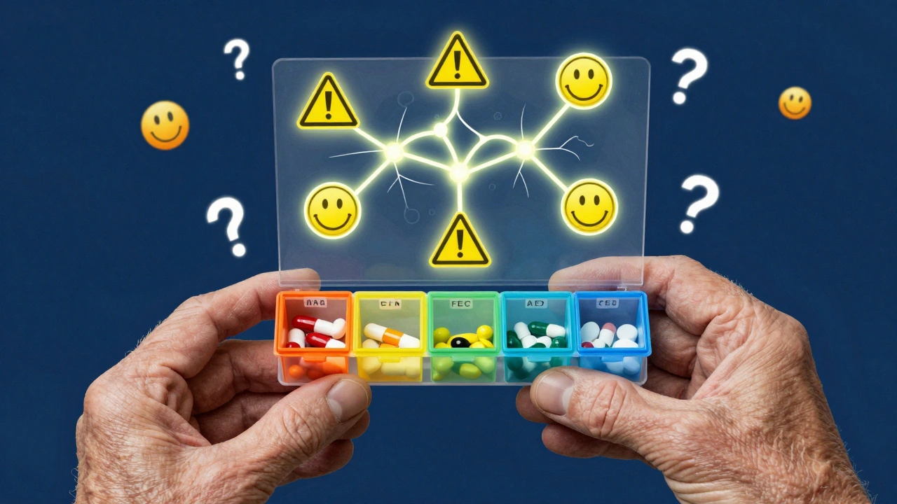 An elderly hand holding a five-compartment pill organizer with glowing warning signs above it.