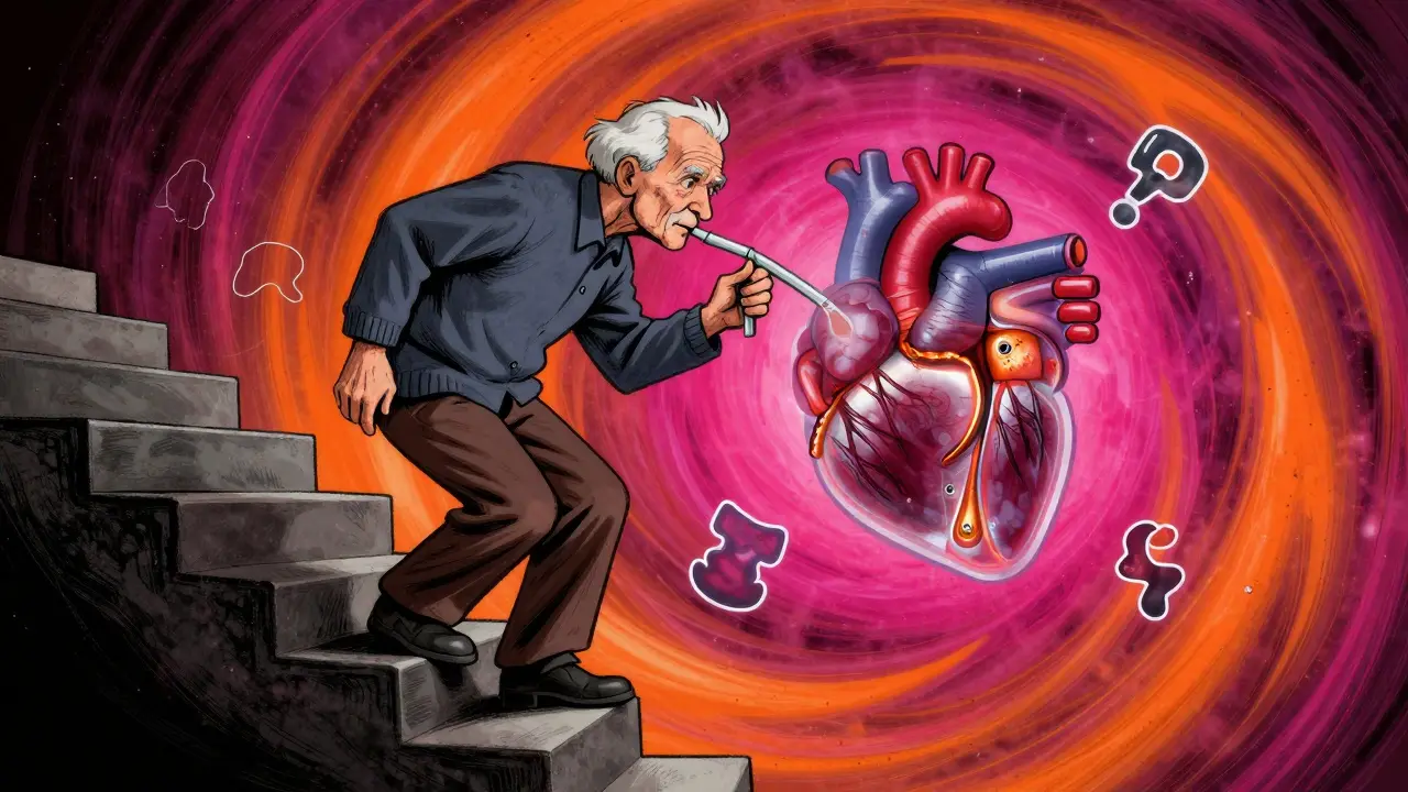 An elderly person breathing through a straw with X-ray view of a calcified heart valve in vibrant style.