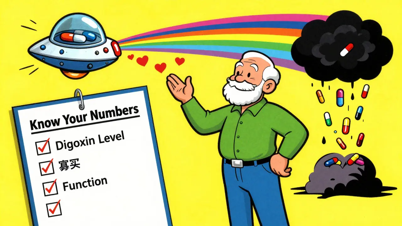 An elderly person with a safety checklist, a glowing digoxin capsule, and happy hearts in vibrant colors.