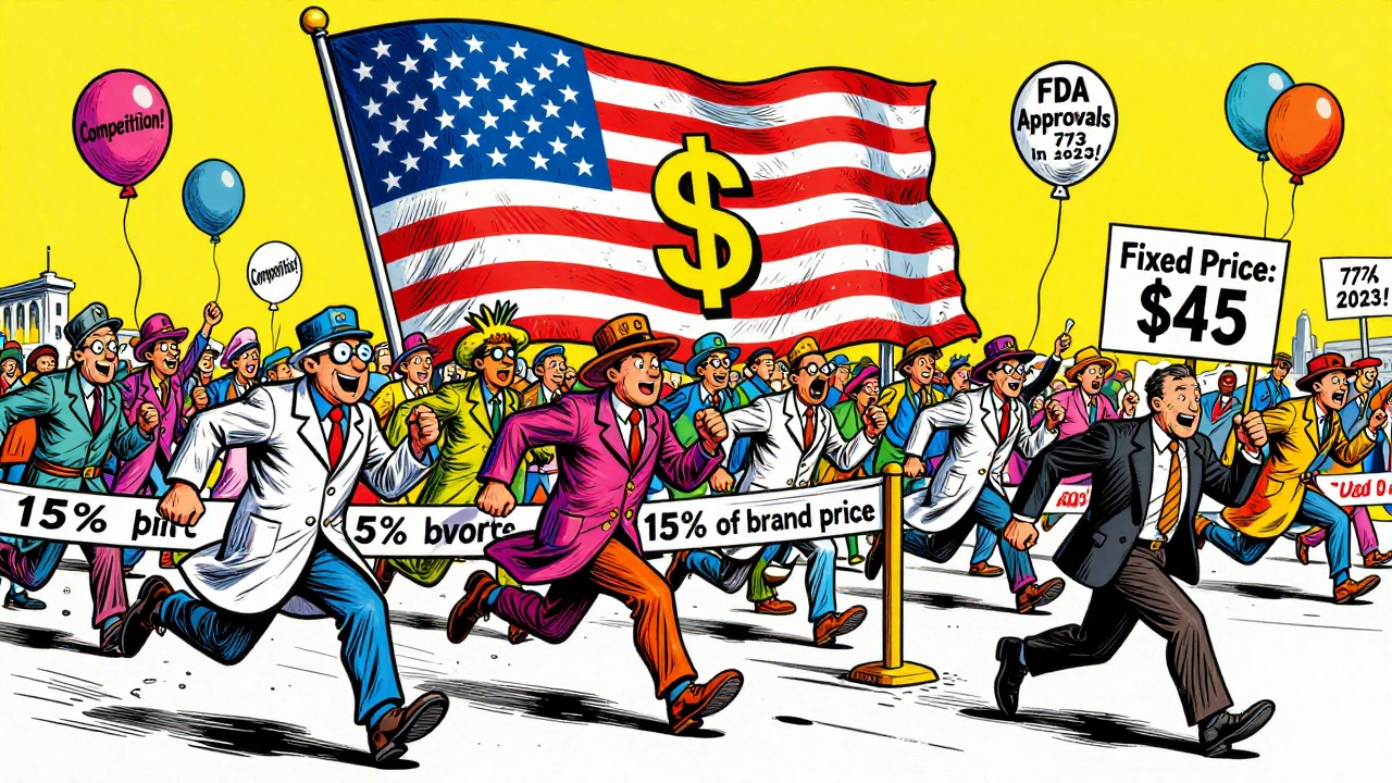 Cartoon drug manufacturers racing to lower prices, with one slow European competitor behind, set against a vibrant competition-themed backdrop.