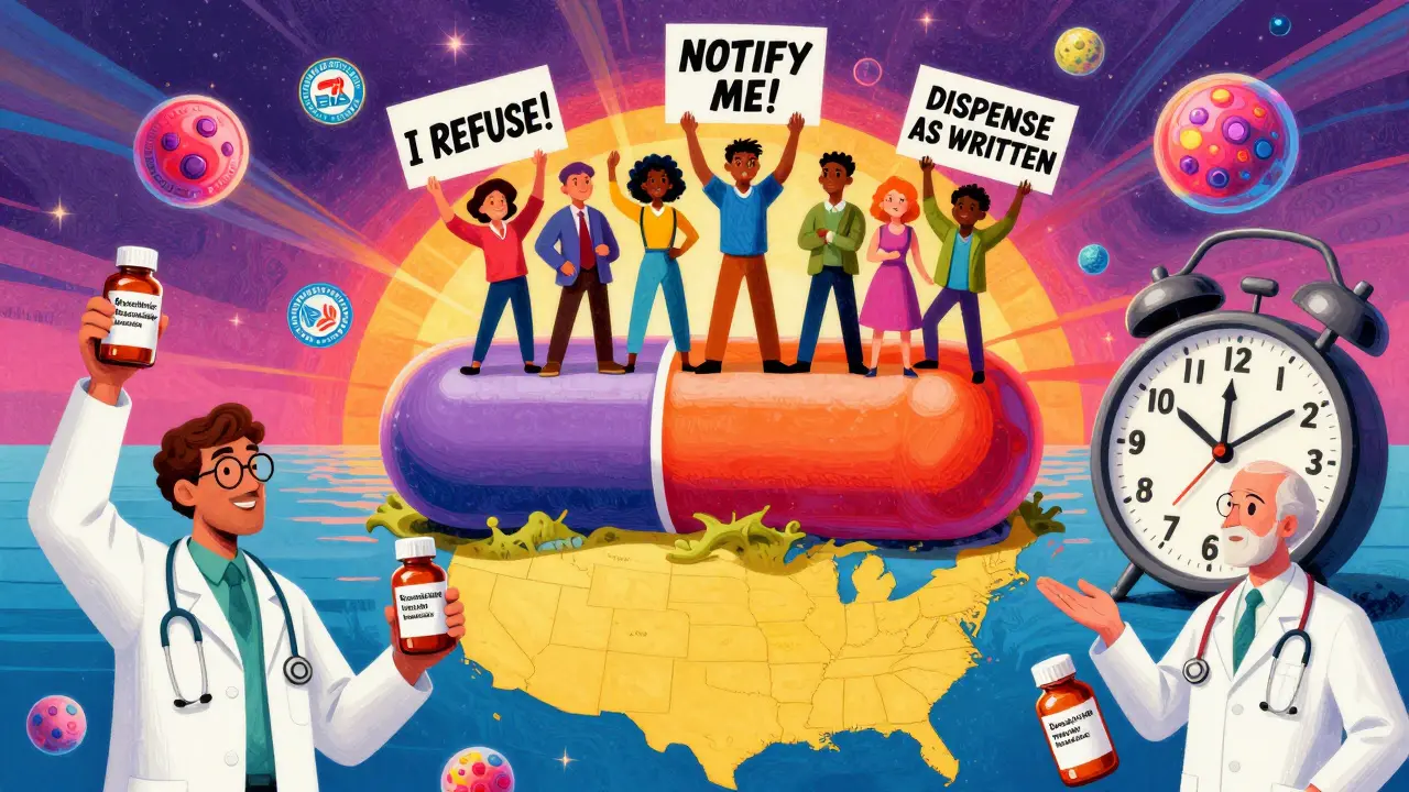 Diverse people on a pill island holding protest signs, pharmacists handing biosimilar bottles, and a 2025 clock in psychedelic style.