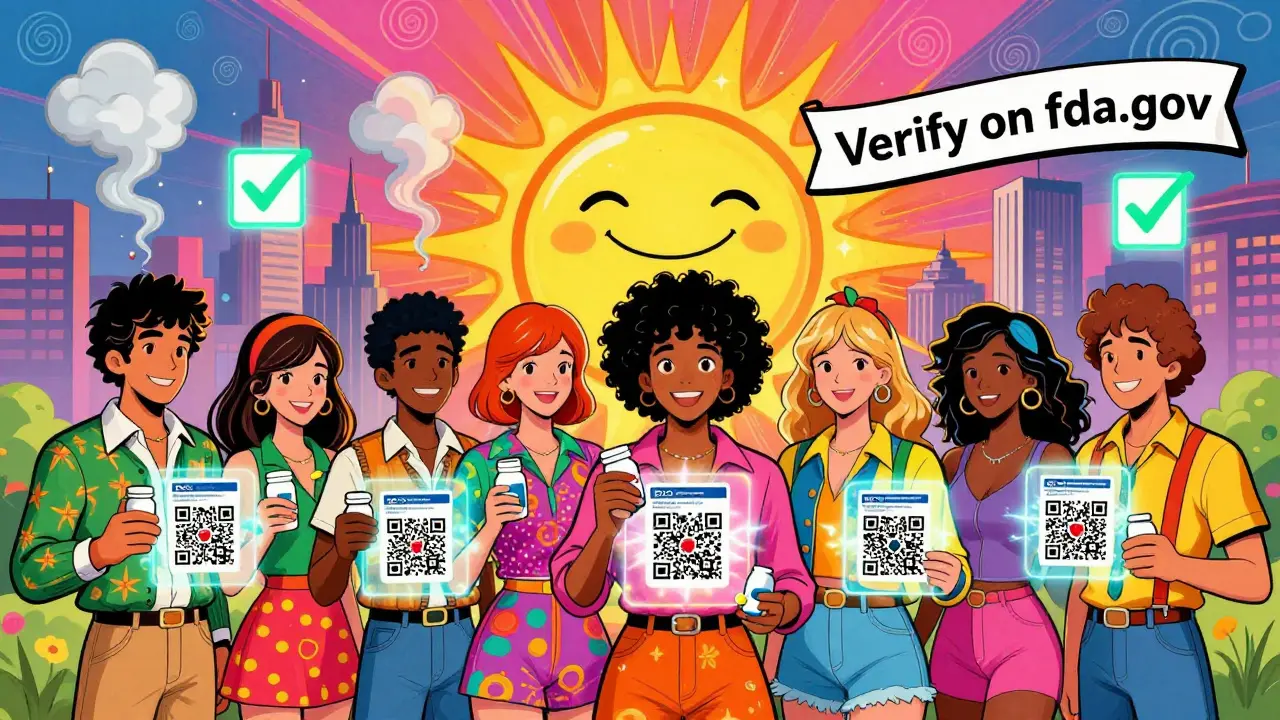 Diverse people scanning QR codes that display FDA.gov holograms, while fake scams vanish into smoke under a rising sun.