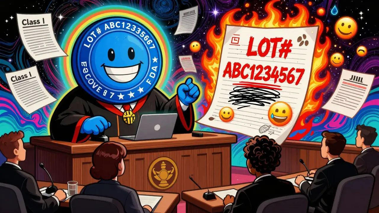 FDA seal as a judge presiding over a trial between a real lot number and a chaotic fake recall notice with emojis.