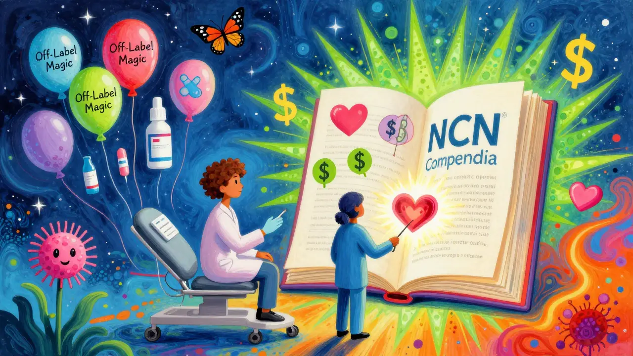 Generic chemo drugs as floating balloons treating cancers, patient under glowing NCCN book, surrounded by healing hearts and cosmic colors.