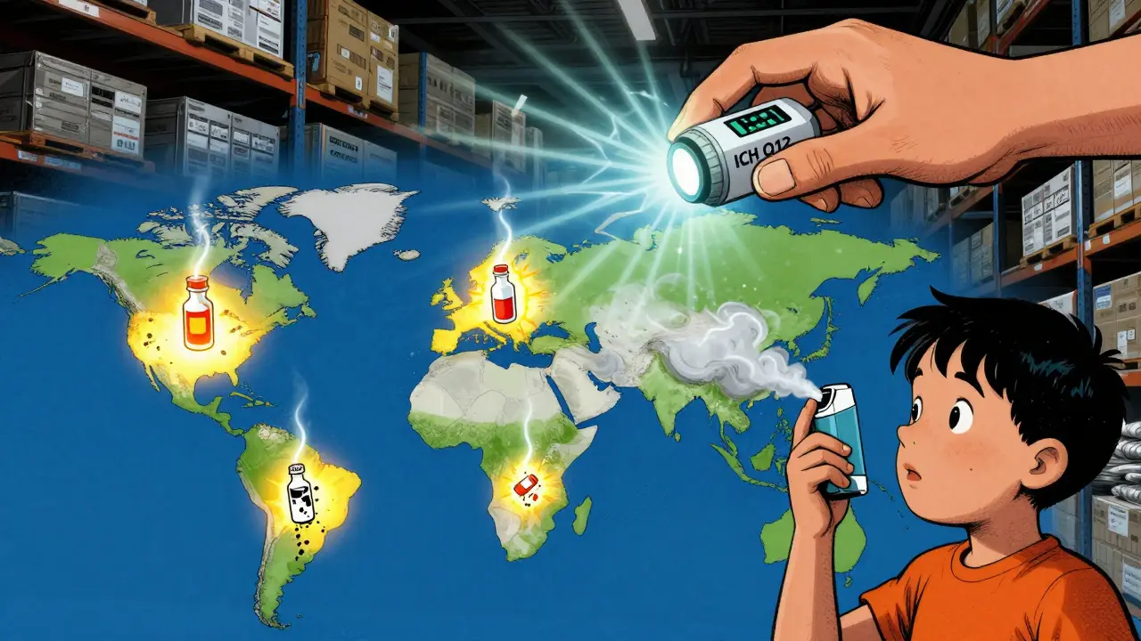 Global map showing drug shelf life shrinking due to heat, with a child holding a fading inhaler