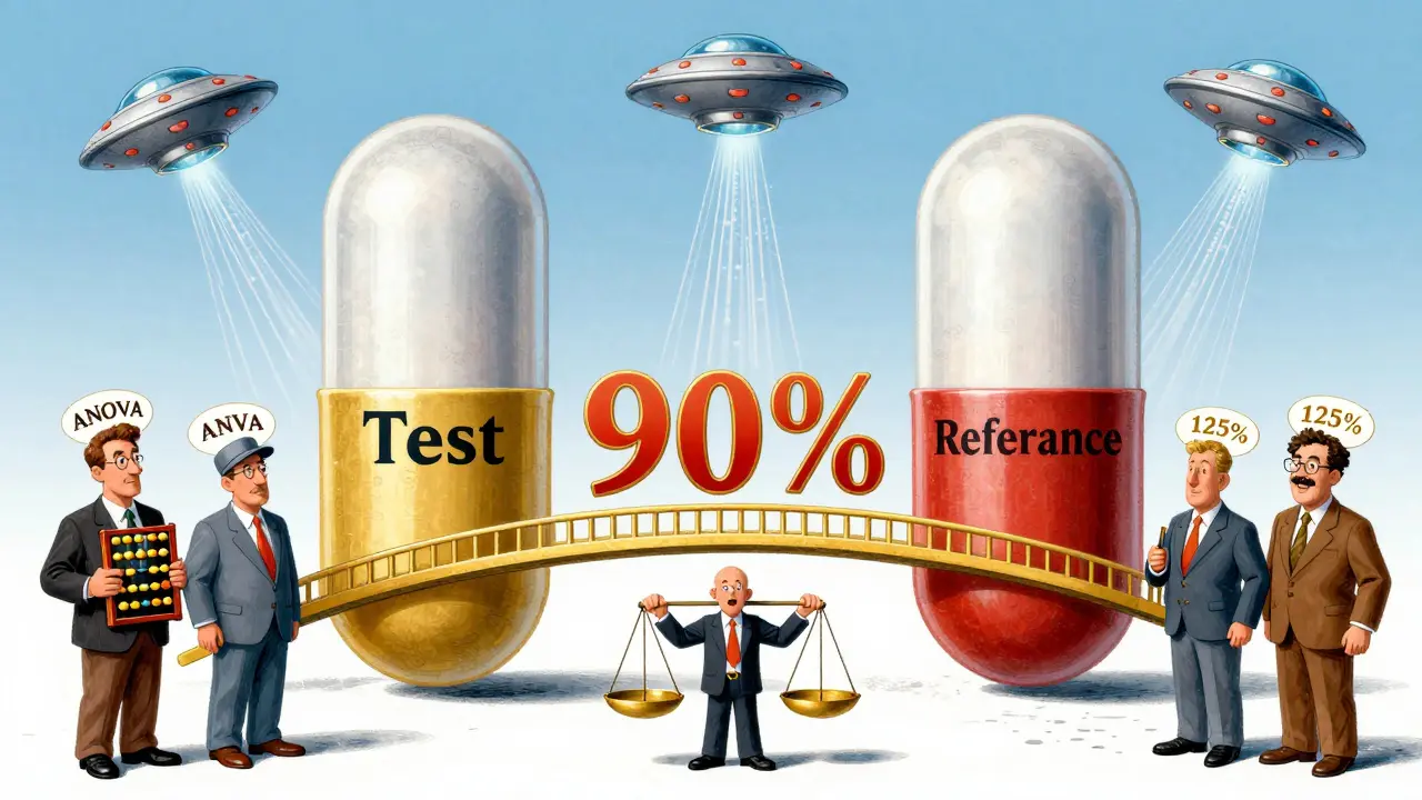 Golden bridge between drug capsules labeled Test and Reference, with statisticians and PBPK UFOs in background.