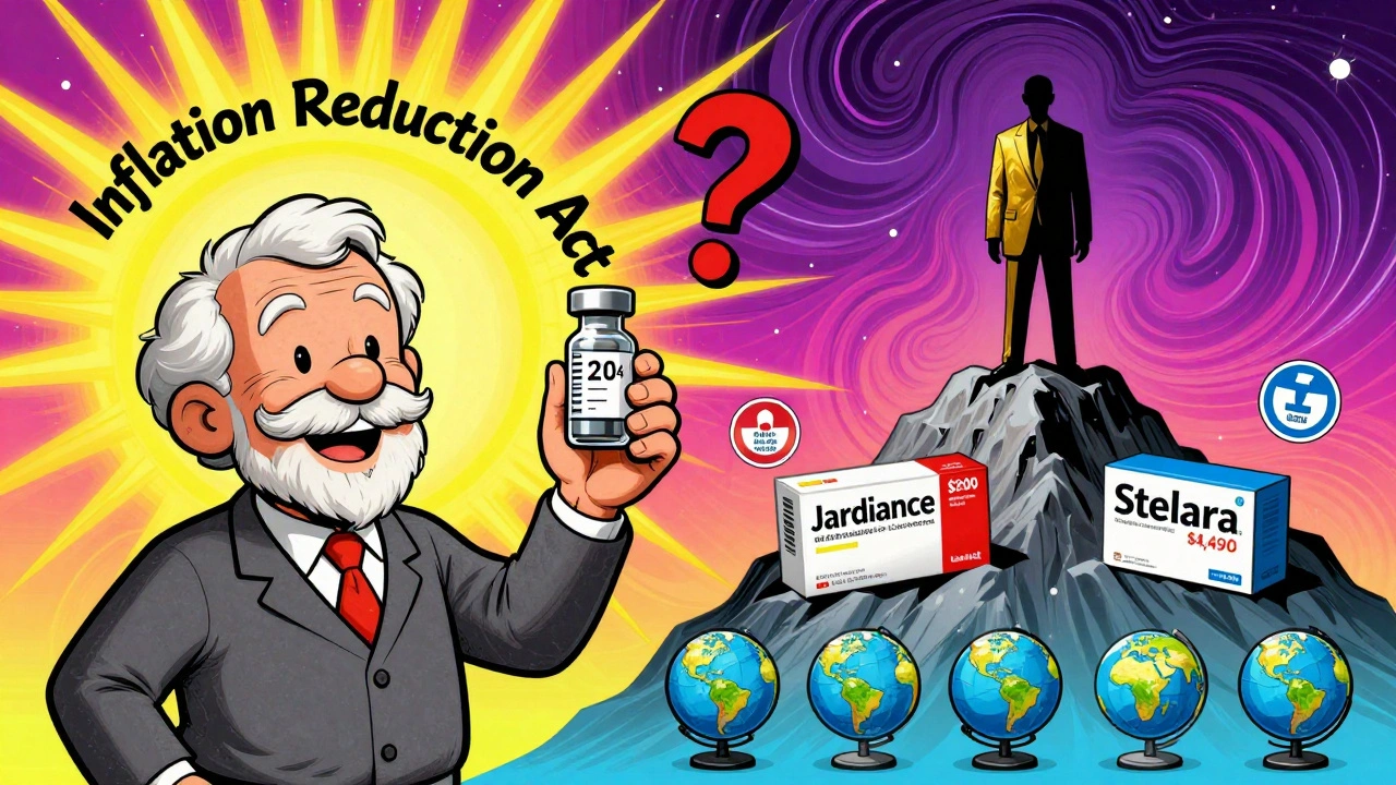 Happy patient with cheap insulin on one side, pharma executive on a mountain of expensive brand drugs on the other, in cosmic Peter Max style.