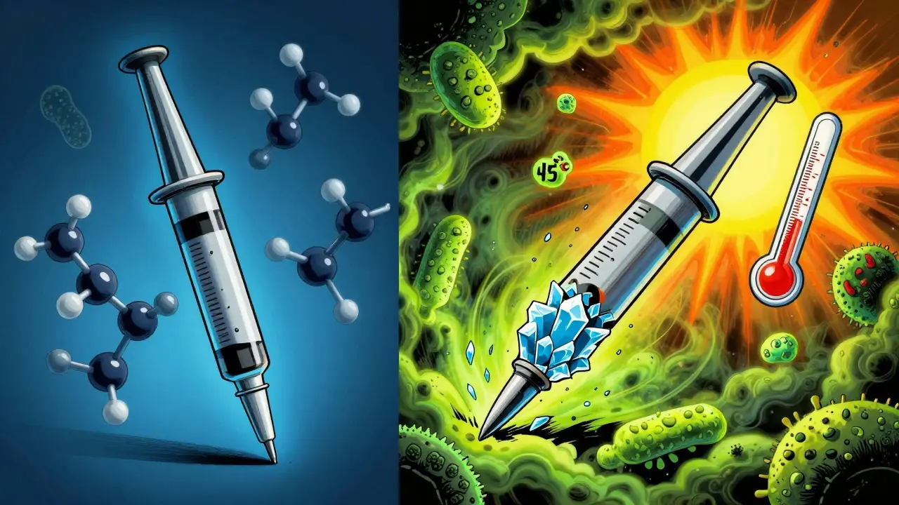 Insulin pen splitting into crystals under heat and humidity, surrounded by neon mold clouds