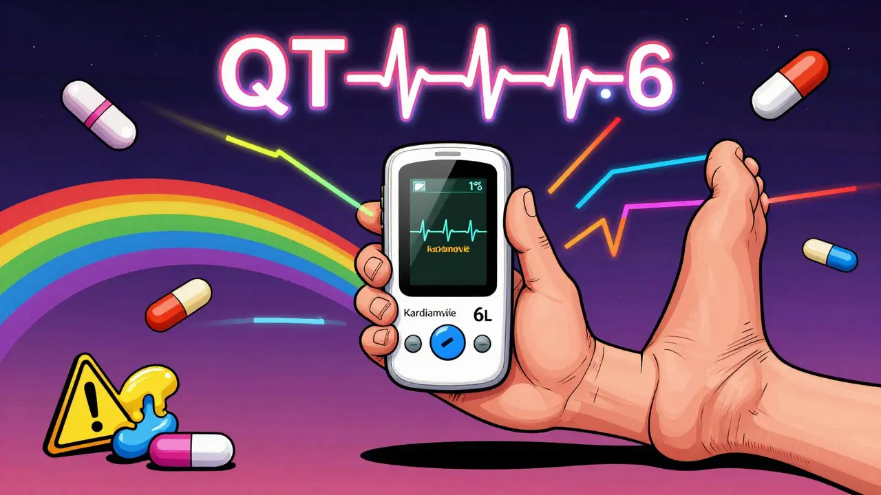 KardiaMobile 6L device with rainbow electrical paths between thumb and foot, surrounded by caution pills.