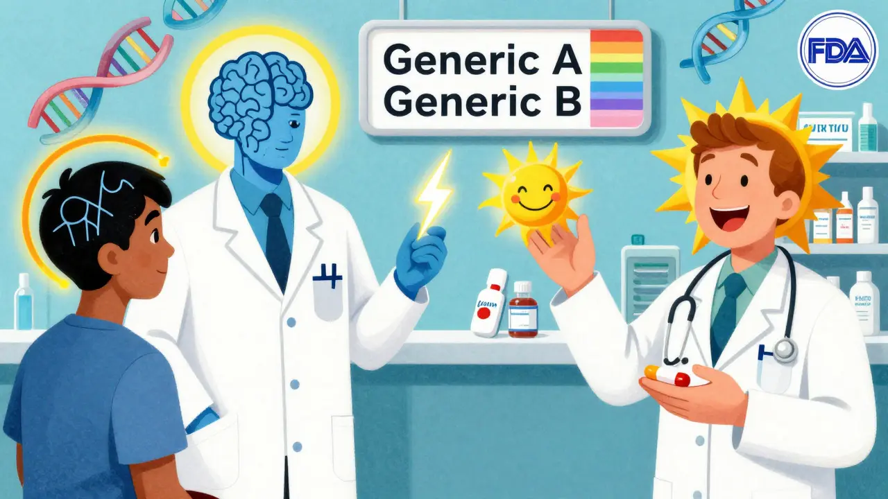 Neurologist blocking pharmacist from swapping seizure meds, while another doctor gives smiling statin pills under rainbow pharmacy sign.