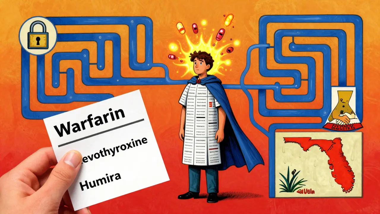Patient in a label cape navigating a maze of high-risk drugs and state-specific substitution rules with glowing biosimilars.
