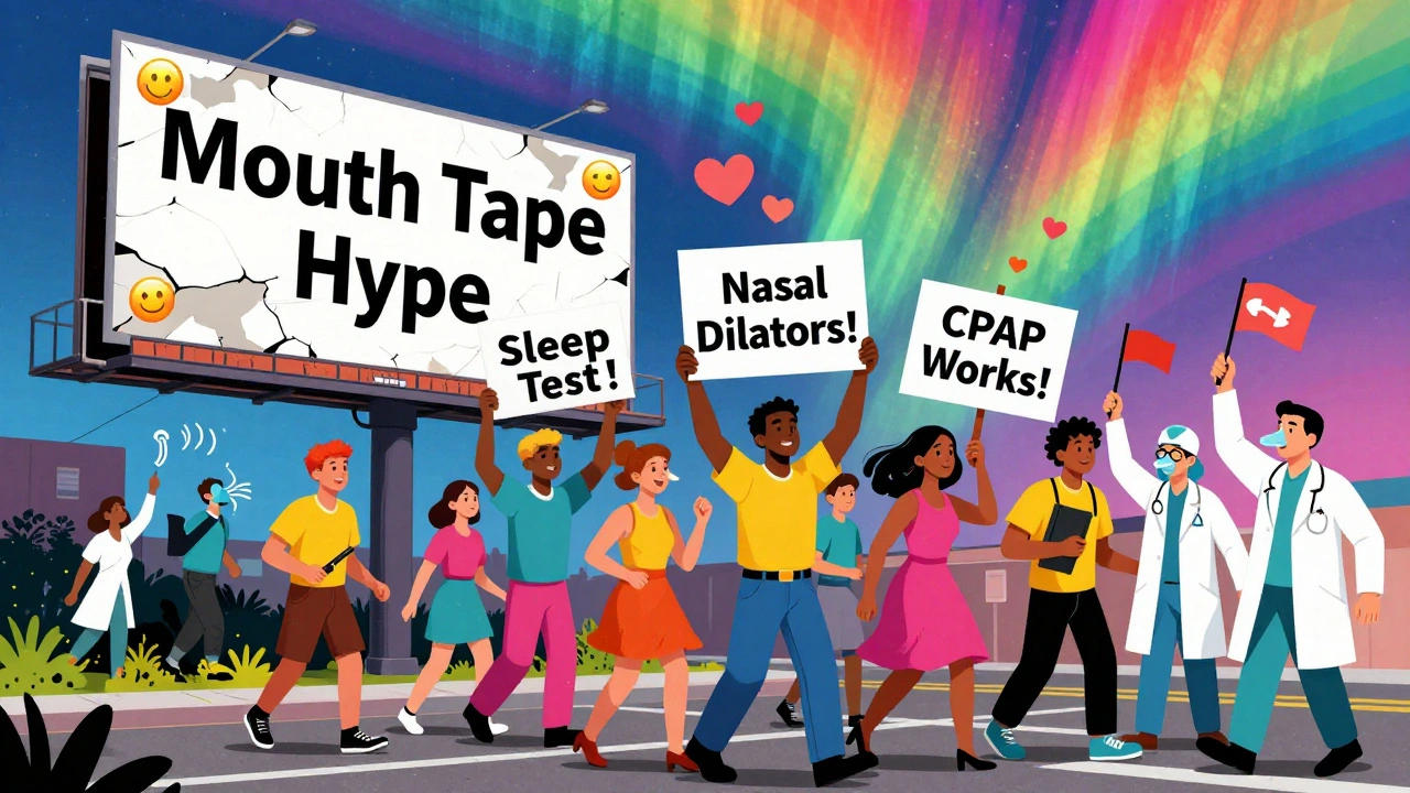 People marching with safe sleep solutions past a crumbling mouth taping billboard under a rainbow aurora.