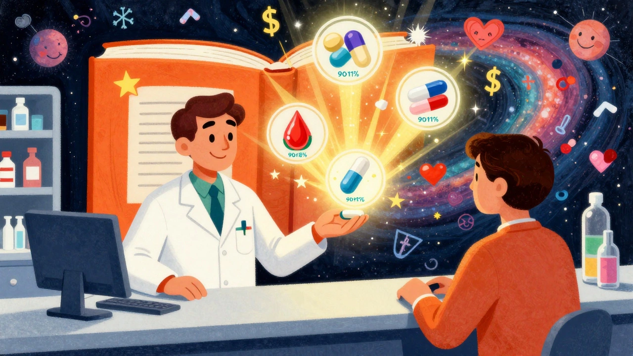 Pharmacist handing a pill while an orange book glows with therapeutic icons.