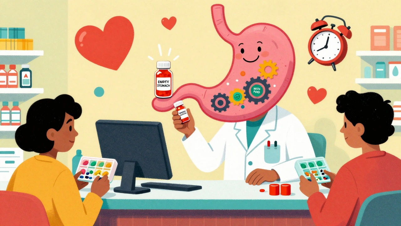 Pharmacist handing out color-coded pill bottles with patients using organizers and apps, all in psychedelic style.