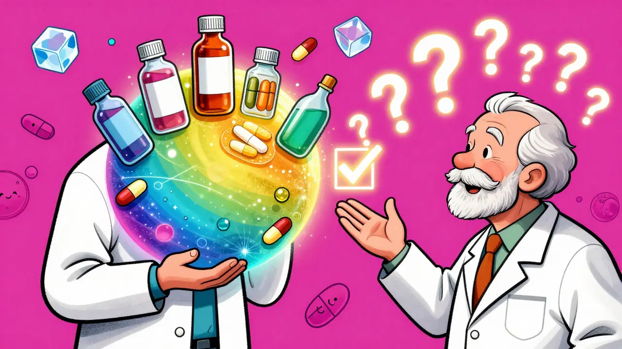 Pharmacist presenting colorful alternative medication forms like liquids, patches, and dissolvable tablets.