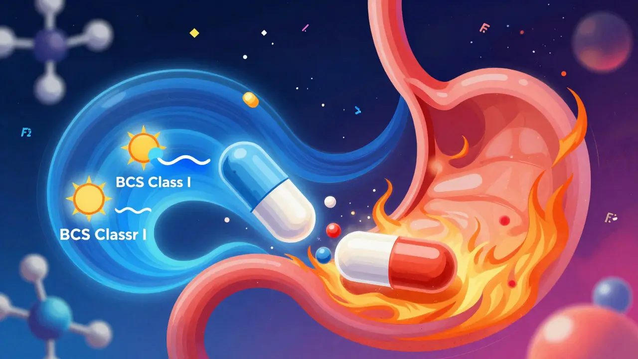 Psychedelic stomach scene with two dissolving pills in pH-colored fluids, floating F2 numbers and molecular icons.