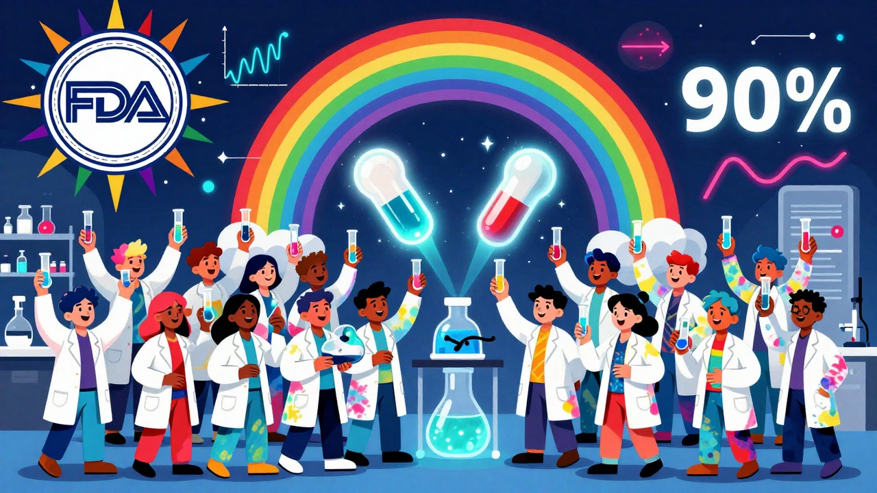 Rainbow-lit lab with volunteers and glowing drug molecules under an FDA symbol.