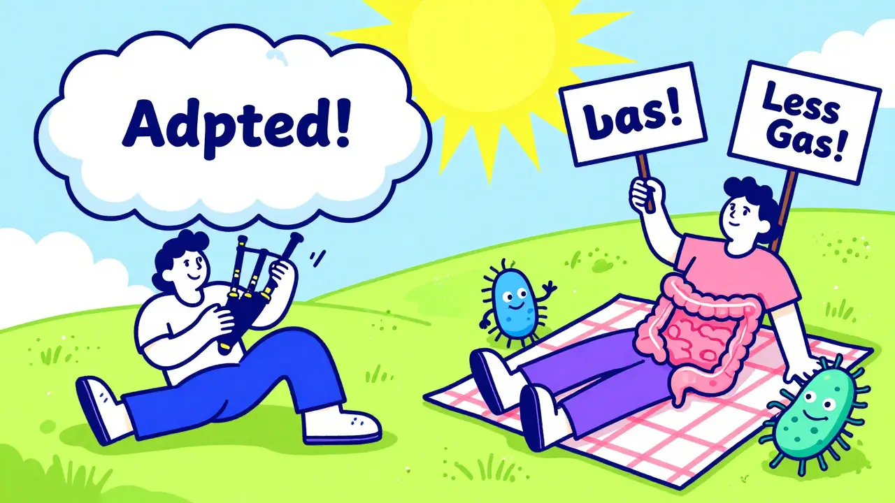 Same person before and after four weeks: one in discomfort, one relaxed, with friendly gut bacteria.