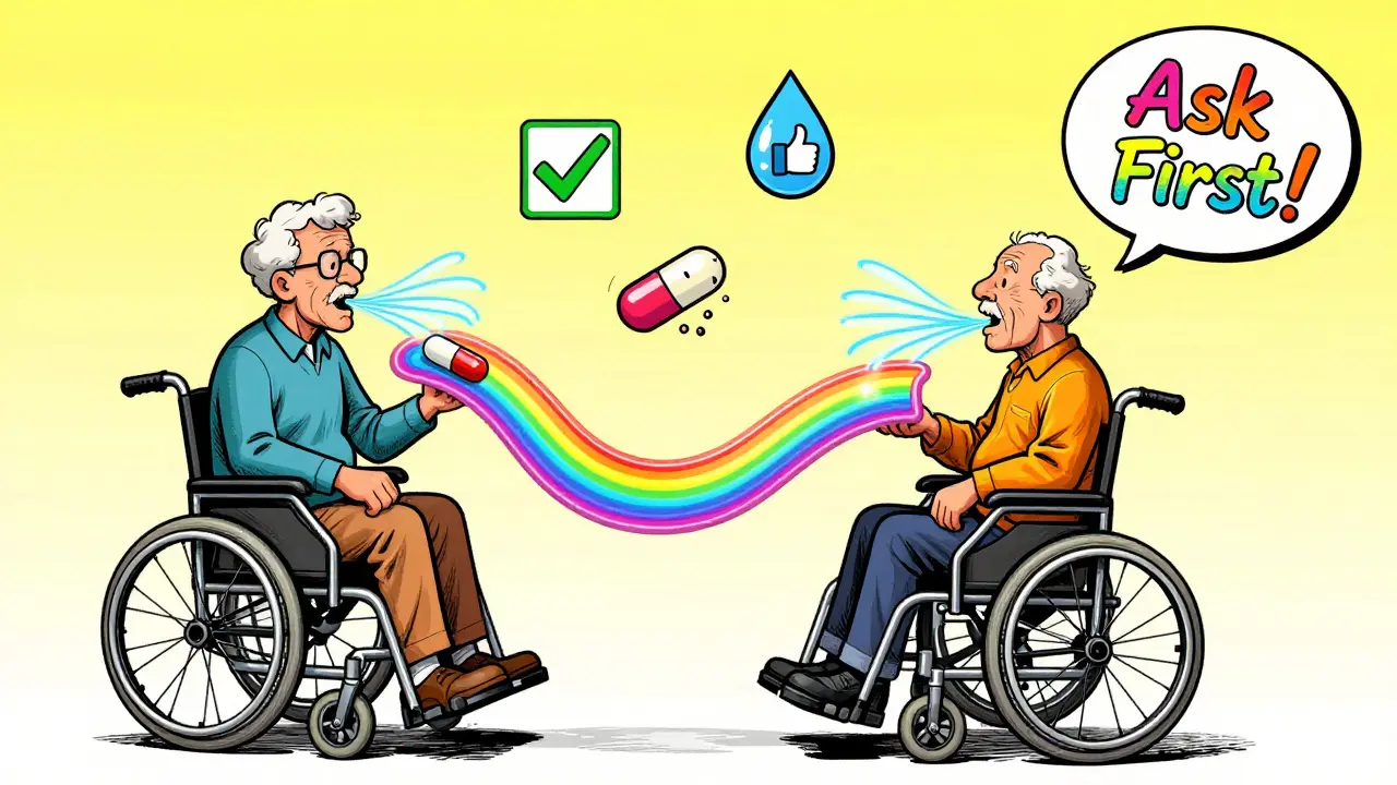 Speech therapist helping a senior with swallowing exercises, showing a capsule moving smoothly down a rainbow esophagus.
