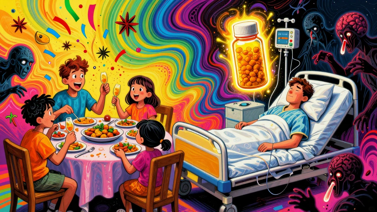 Split scene: happy family eating turmeric food vs. a hospital patient with a menacing turmeric supplement halo.