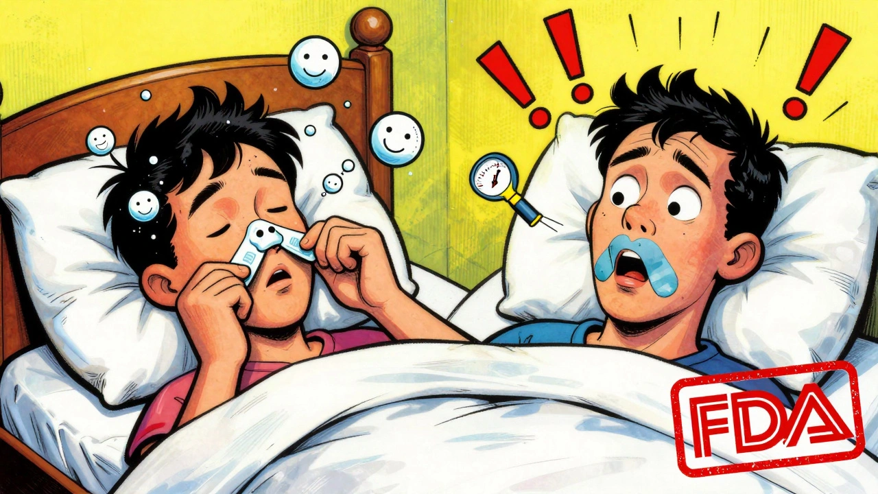 Split scene: one person breathing easily through nose, another panicking with taped mouth and warning symbols.