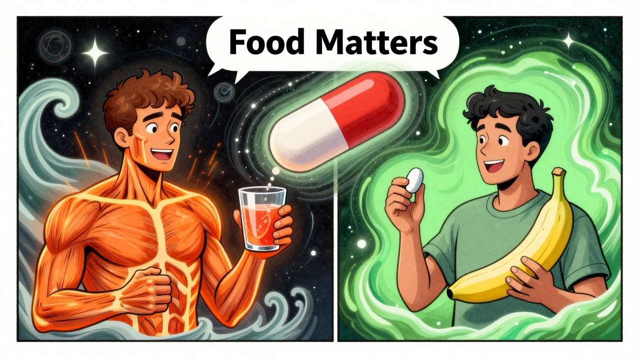 Two people taking statins — one with dangerous grapefruit juice, the other with a banana, showing contrasting effects.