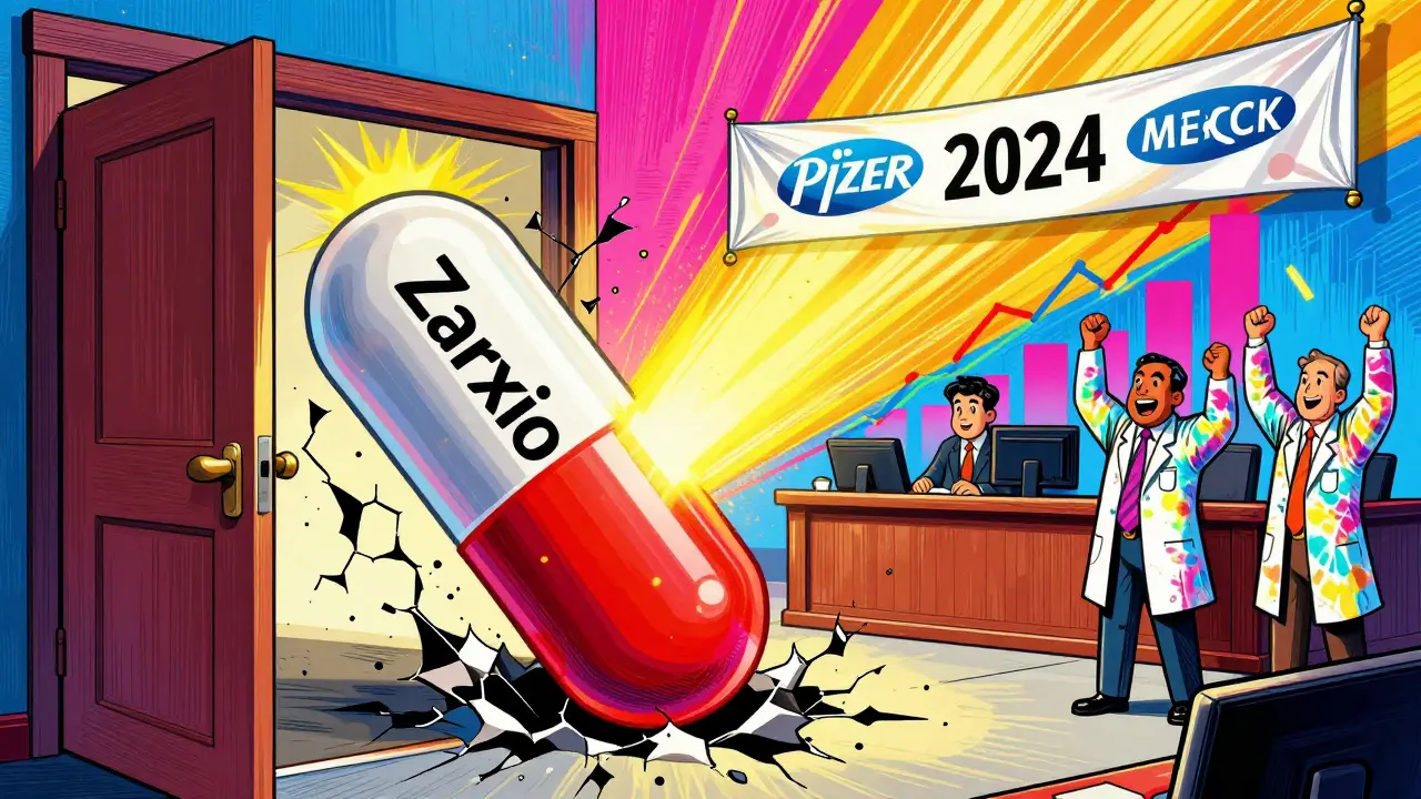 A biosimilar pill breaking through legal obstacles as FDA officials celebrate the 2024 rule change in vibrant pop-art style.