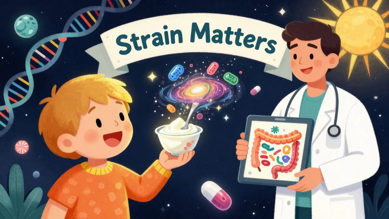 A child's yogurt turns into a microbial galaxy, with a doctor showing a personalized gut map.