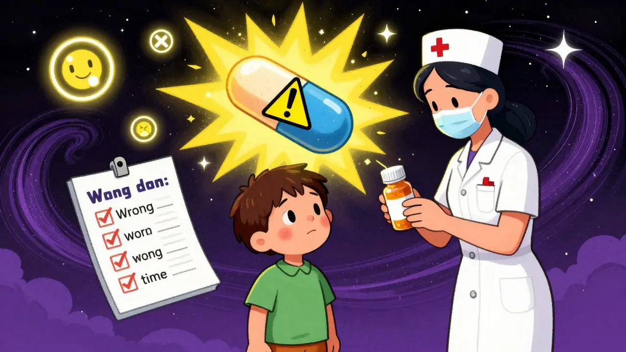 A child and school nurse review a medicine bottle with floating warning icons and cosmic patterns in vibrant colors.