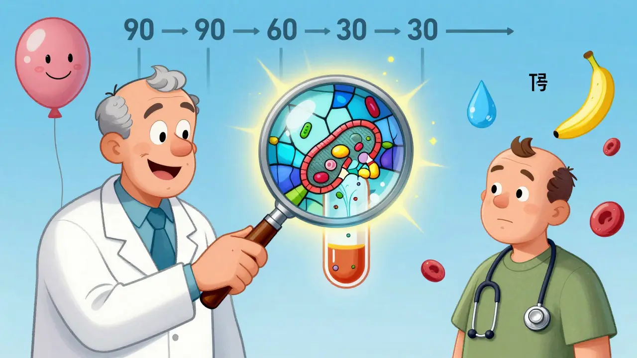 A doctor examining a glowing urine sample with albumin leaking through a sieve, eGFR numbers floating like balloons.