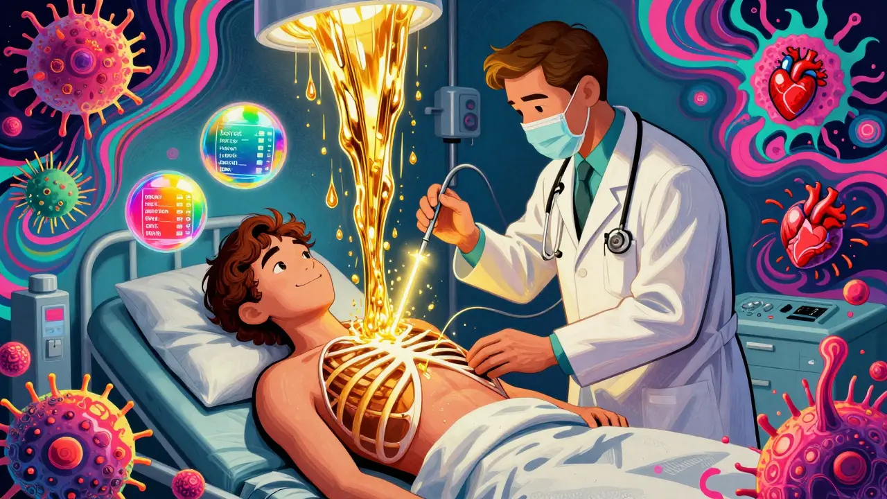 A doctor performing thoracentesis as colorful medical data floats around, with cancer and infection icons dissolving into light.