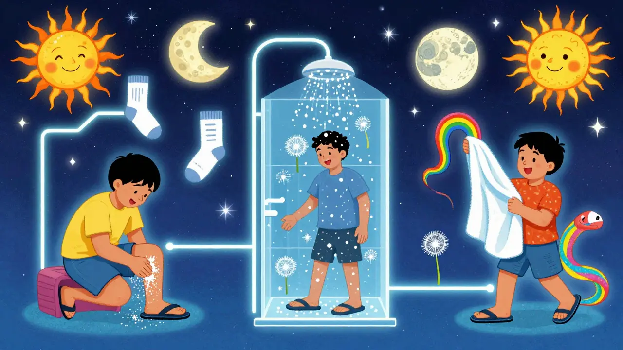 A family practicing foot hygiene in a trippy home, with spores, flip-flops, and glowing prevention habits.