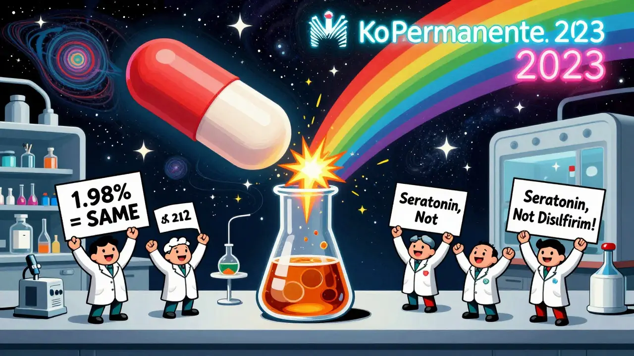 A floating metronidazole pill releasing rainbow sparks above alcohol, with scientists celebrating in a surreal lab setting.
