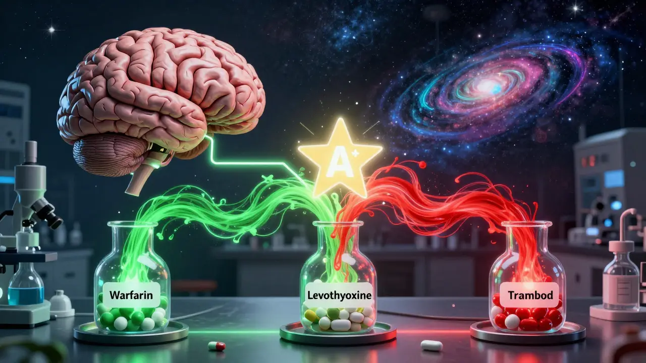 A galaxy brain connected to drug formulations with energy streams showing safe and dangerous interactions.