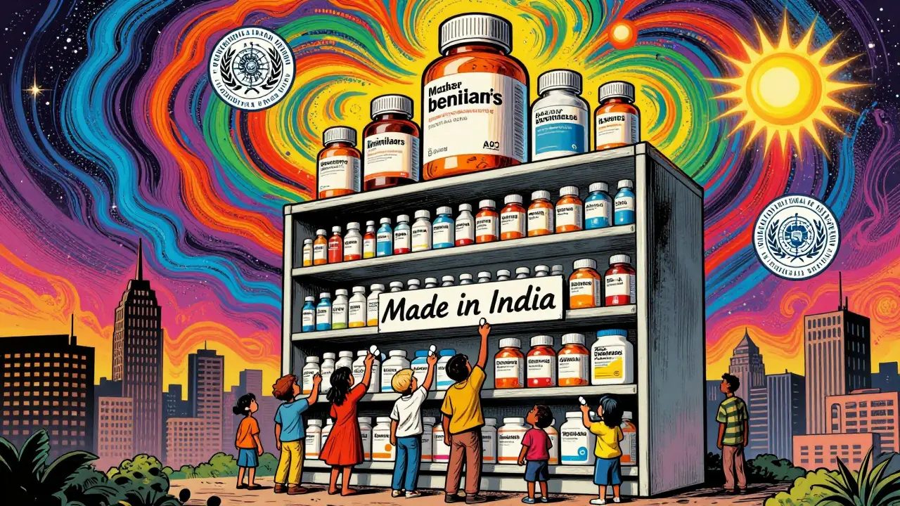 A giant Indian pharmacy shelf with glowing medicines reaching patients worldwide in a vibrant 1960s-inspired illustration.
