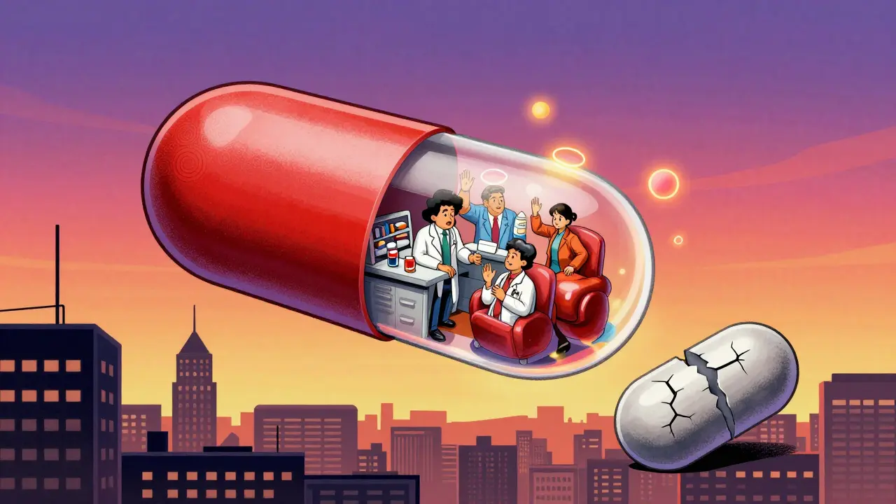 A giant split pill revealing the same drug inside, with tiny people inside and a dull generic pill nearby, set against a cosmic backdrop.