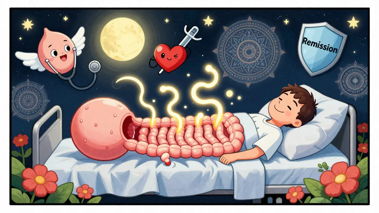 A glowing J-pouch being formed with medical icons floating around a peaceful patient in cosmic setting.