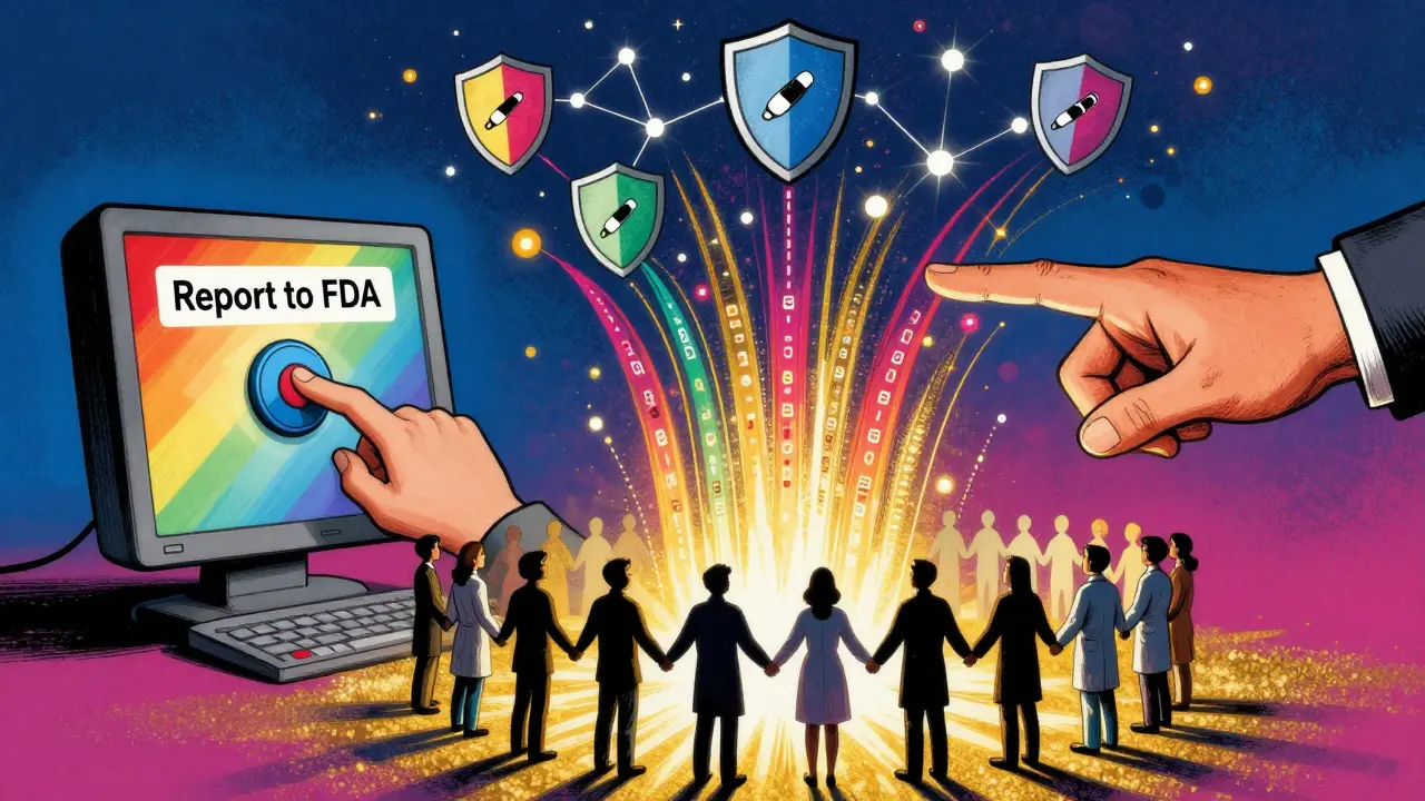A hand clicks 'Report to FDA' as colorful data flows into safety shields, with silhouettes of people joining hands in light.