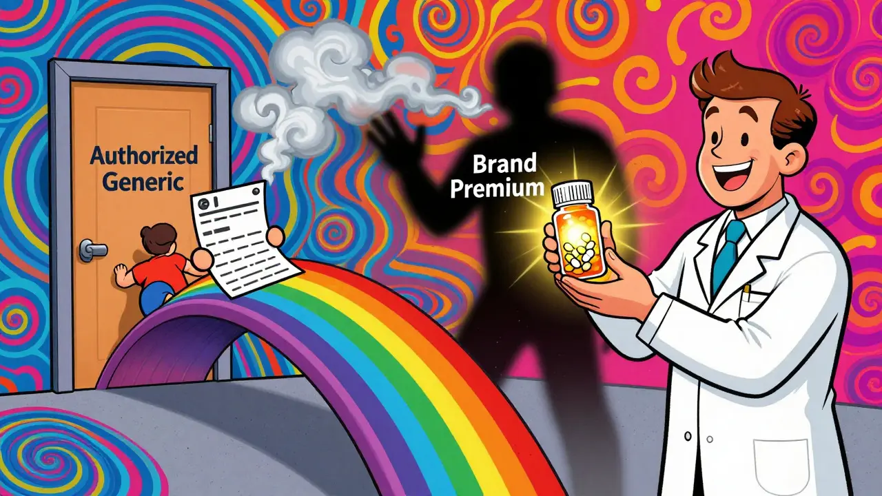 A patient crossing a rainbow bridge to an authorized generic bottle, while a fading brand label disappears into smoke.