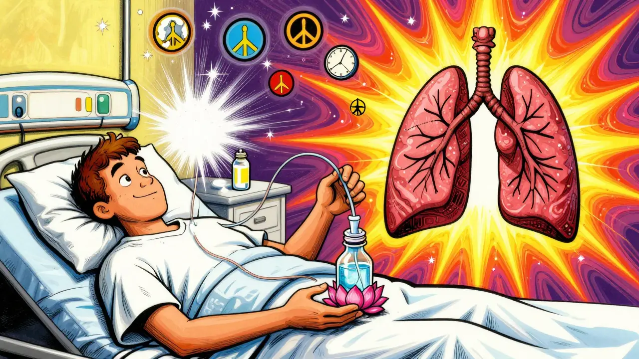 A patient draining fluid at home while a split scene shows talc explosion and a healthy lung glowing under warm light.