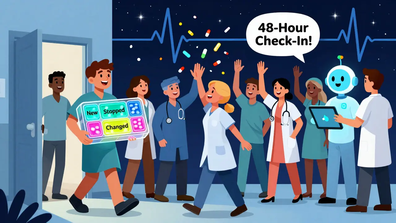 A patient walks out of the hospital with a labeled pill organizer as healthcare workers celebrate with neon confetti.